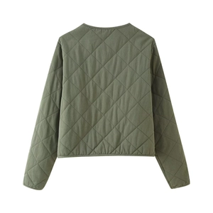 Detailed back view of an olive green quilted jacket featuring a classic diamond pattern