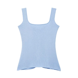 Women's light blue knit corset top featuring a square neckline and wide shoulder straps