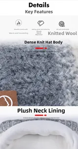 Close-up of thick knit winter hat with warm fleece lining and textured wool fabric