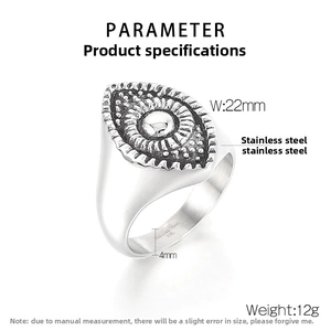 Detailed view of evil eye steel ring with 22mm width and 12g weight specifications
