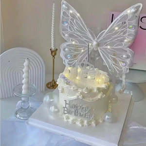 Giant glowing white butterfly wings cake topper set with LED crown and pearls
