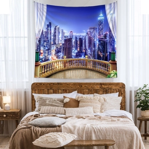 Detail of city night view tapestry hanging above a wooden bed in a cozy modern bedroom