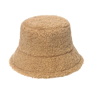 Casual camel faux shearling bucket hat with a thick plush texture and rounded crown