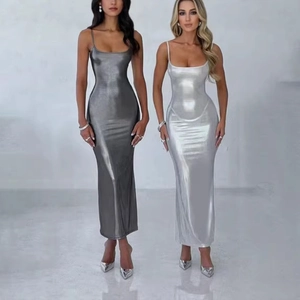 Women Sexy Metallic Bodycon Maxi Dress Backless Spaghetti Strap Slim Fit Evening Party Club Liquid Metal Silver