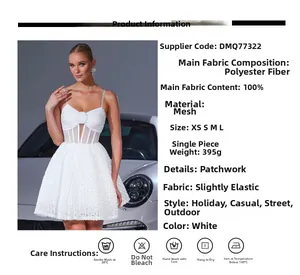 Detail of white lace mesh dress featuring corset structure and 100% polyester fabric
