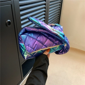Quilted Crossbody Bag Iridescent Holographic Diamond Pattern Small Square Shoulder Bag Women Trend Casual Simple