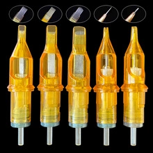 Detailed macro view of 5 assorted professional tattoo needle cartridges with orange casing
