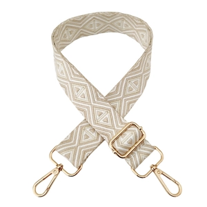 Adjustable beige geometric diamond woven shoulder strap with light gold metal lobster clasps