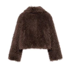 Close-up of the plush deep brown faux fur texture and long pile on this winter coat