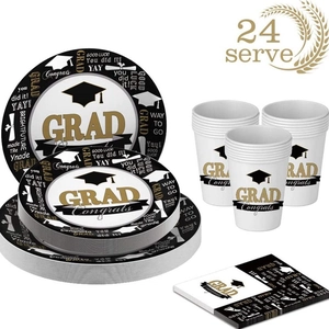 Partyservies set voor afstuderen, 24 gasten, goud-zwarte borden, bekers en servetten