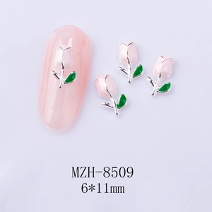 Detailed view of pink tulip nail charms sized 6x11mm with green leaves for DIY manicure