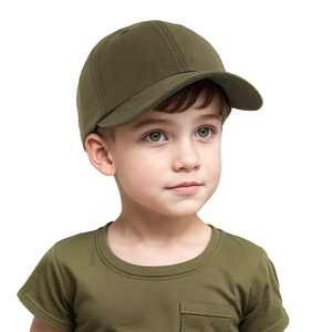 Olive green kids baseball cap in twill canvas fabric shown on a model for casual wear