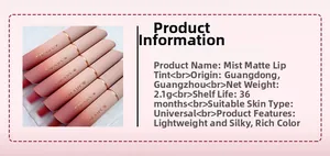 Matte velvet lip glaze with frosted tube packaging and product specifications info