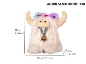 Plush Highland cow gnome with flower decor and bell, measuring 19x20x12cm and 160g