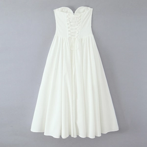 Detailed back view of white strapless maxi dress with elegant corset lace-up tie design