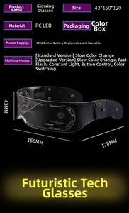 Detail of LED cyberpunk glasses showing size parameters and color changing light modes