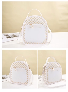 Three angles of a white mini backpack with gold geometric patterns and a front pocket