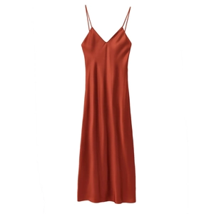 Elegant rust-red satin slip dress with thin straps and deep V-neck on a white background