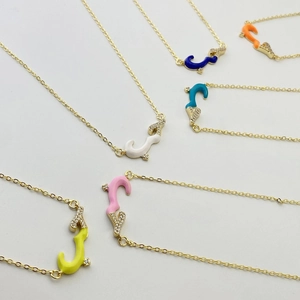 Arabic letter necklaces in colorful enamel and gold finish with micro-inlaid rhinestones