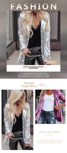 Detailed views of sparkly sequin blazer jackets in silver and pink for festive party wear