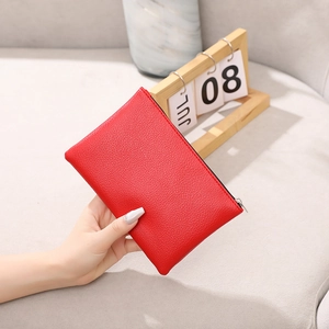 Red lychee pattern ultra-thin PU leather makeup pouch with silver zipper closure