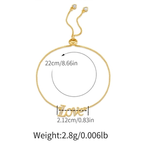 Detail of adjustable gold bolo bracelet with zircon-encrusted Love charm and dimensions