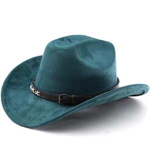 Close-up of suede texture and black leather band with white cross stitching on a cowboy hat