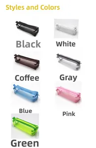Detail of mesh pencil cases showing nylon texture and seven color options in grid
