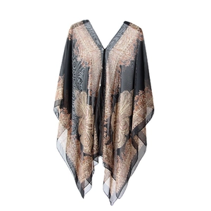 Lightweight black and brown paisley print chiffon shawl with a V-neck open front design