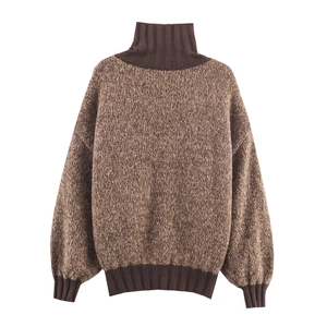 Vintage style brown colorblock high neck cable knit sweater with ribbed cuffs