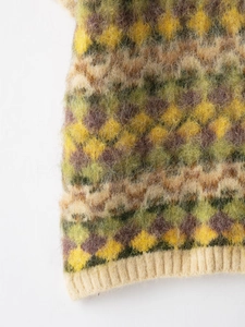 Detail of argyle knit sweater showing plush mohair texture and ribbed hem finishes