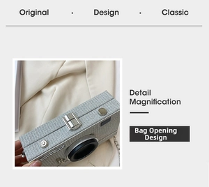 Detailed view of camera shaped crossbody bag featuring silver metal press lock closure