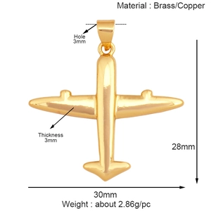 Detailed dimensions of golden airplane pendant in brass with weight and size specifications