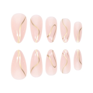 Pink almond press-on nails with shiny gold wavy lines pattern and minimalist design