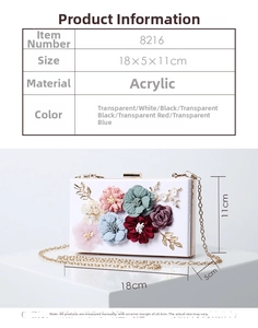 Detailed size specifications of 18x5x11cm for the 3D floral acrylic evening clutch bag