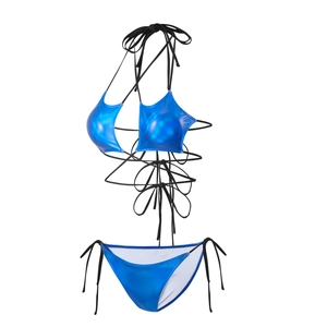 Detailed view of metallic blue bikini featuring star-shaped cups and black strappy ties
