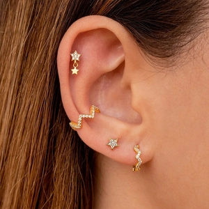 Macro shot of gold star studs and wavy zircon earrings set on model ear