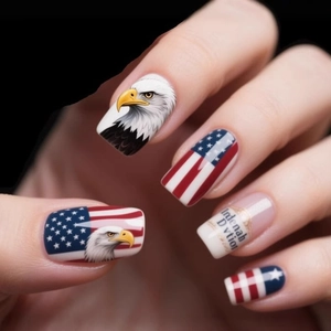 Press On Nails American Flag Design Independence Day Stars Stripes Bald Eagle Pattern Glossy Medium Square False Nails