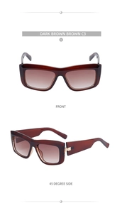 Front and 45-degree side views of dark brown cat-eye sunglasses with thick wide frames