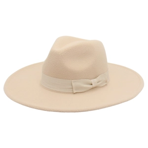 Detail of elegant beige wool fedora hat featuring a stylish grosgrain ribbon and bow accent