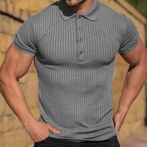 Close-up of grey ribbed texture and buttoned polo collar on a slim fit men shirt