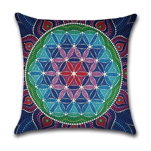 Detailed view of square linen pillowcase with colorful mandala dot art geometric patterns