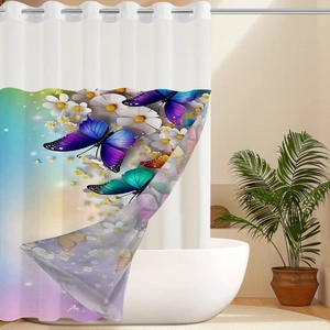 Detail of waterproof polyester shower curtain featuring colorful butterfly and daisy patterns