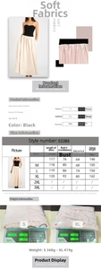 Tableau des tailles détaillé pour robe longue bustier avec spécifications du tissu femme