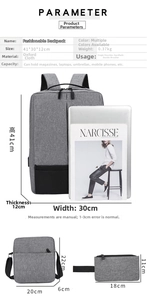 Three-piece grey Oxford backpack set showing size comparison with laptop and magazine