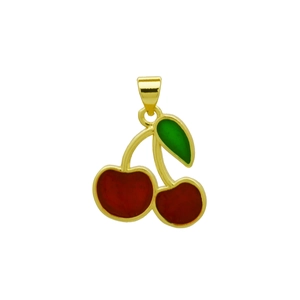 Detailed view of a gold cherry pendant with red fruit and green leaves for necklaces