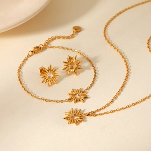 Detailed view of gold sunflower jewelry set with sparkling rhinestones on textured paper