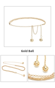 Detail of golden woven chain belt featuring hollow sphere pendants and metallic texture