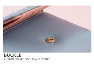 Close-up of blue PU leather wallet featuring a durable golden round metal buckle detail