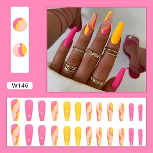 Vibrant yellow and rose pink wavy coffin press on nails set with 24 pieces W146